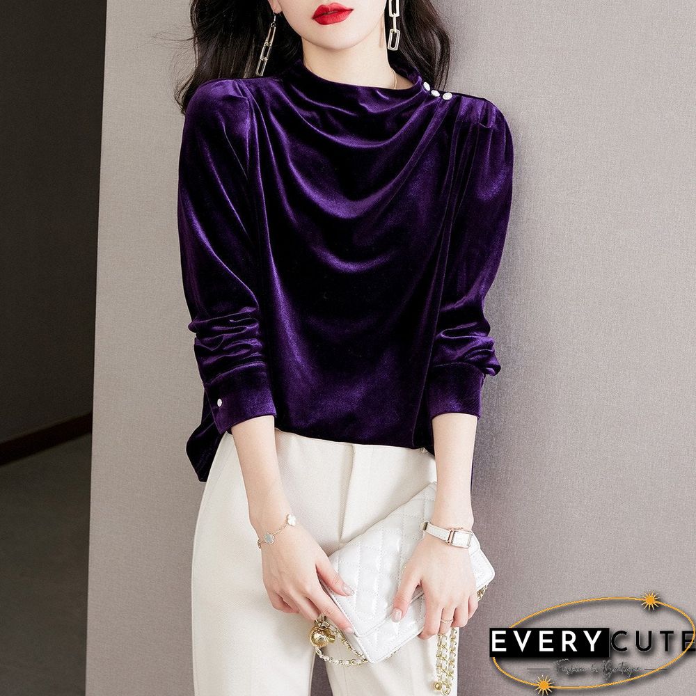 Purple Pleated Plain Velvet Top