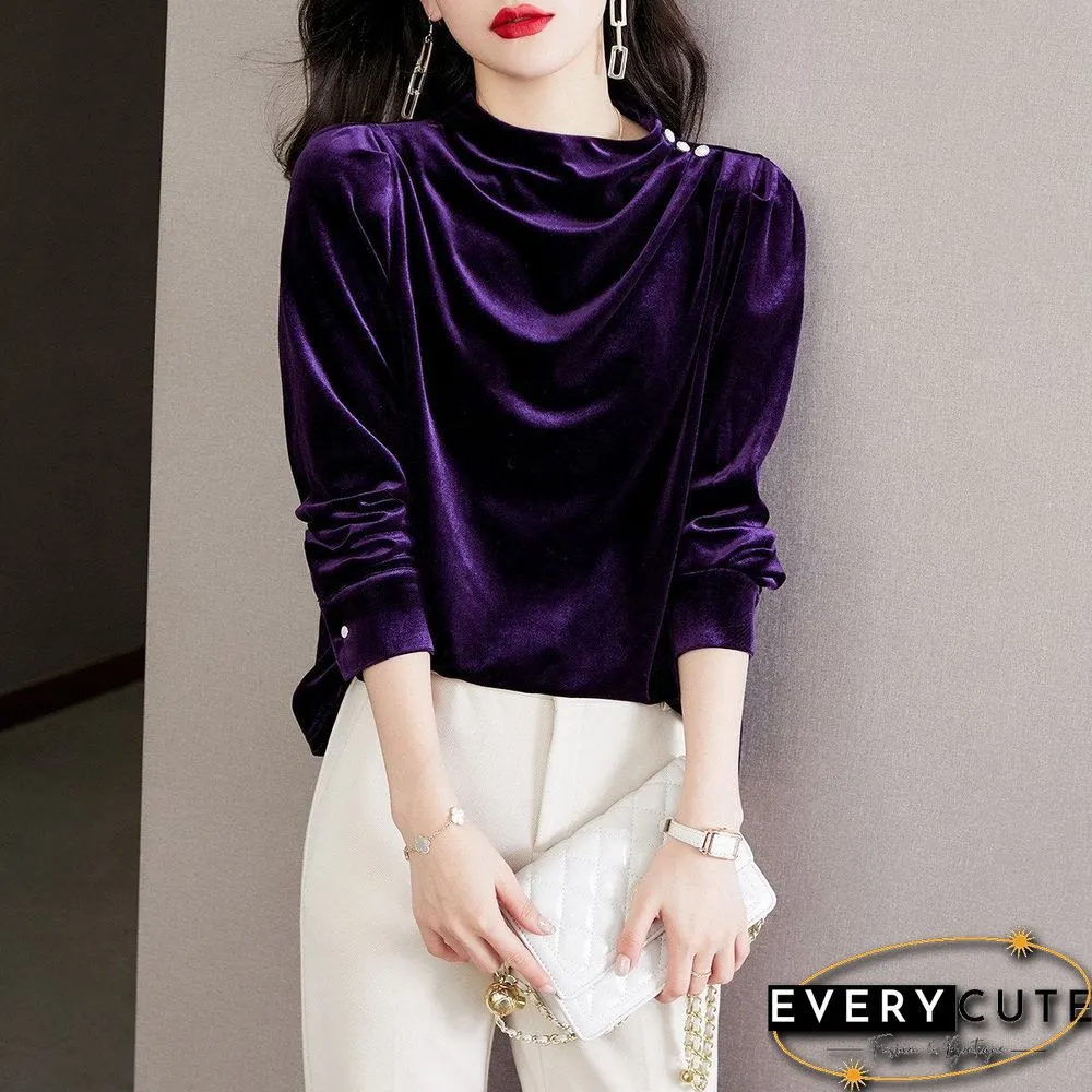 Purple Pleated Plain Velvet Top