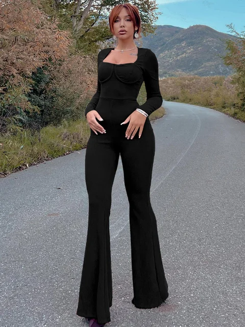 Autumn Ribbed   Clothes Long Sleeve Bodycon Skinny Flare Jumpsuits Women 2023 Club Streetwear Romper Outfits