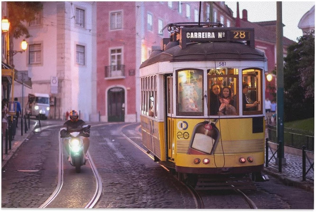 Trolley Motorbike Old Town Lisbon Portugal Canvas Poster Bedroom Decor Sports Landscape Office Room Decor Gift,Canvas Poster Wall Art Decor Print Picture Paintings for Living Room Bedroom Decoration 0 08x12inch(20x30cm)