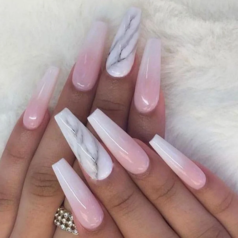 24Pcs/Box Gradient Long Coffin False Nails Detachable Ballerina Manicure Patches Press On Nails Wearable Full Cover Nail Tips