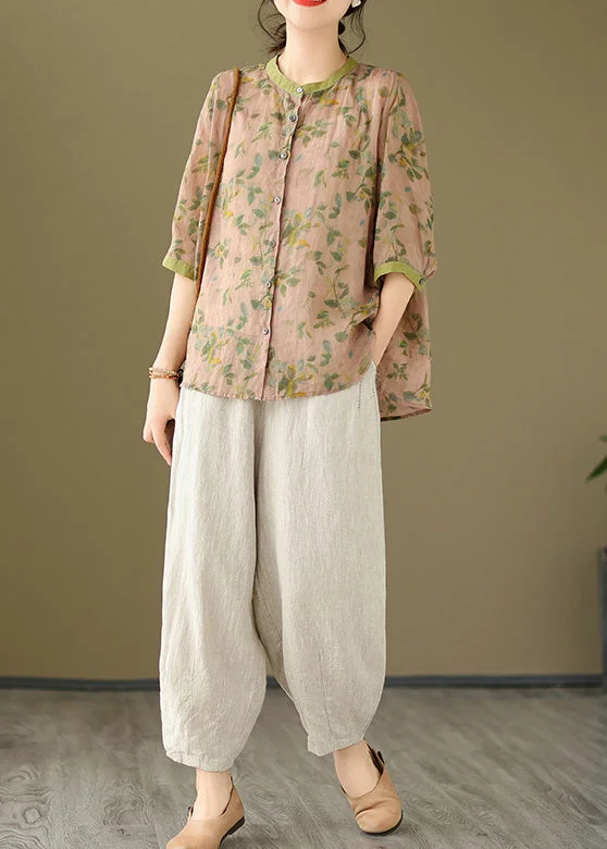French Pink Shirts And Linen Crop Pants Cotton Two Pieces Set Spring