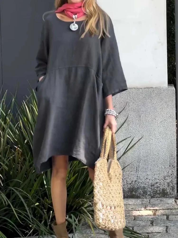 Cute Solid Color Pockets Linen Blend Midi Dress