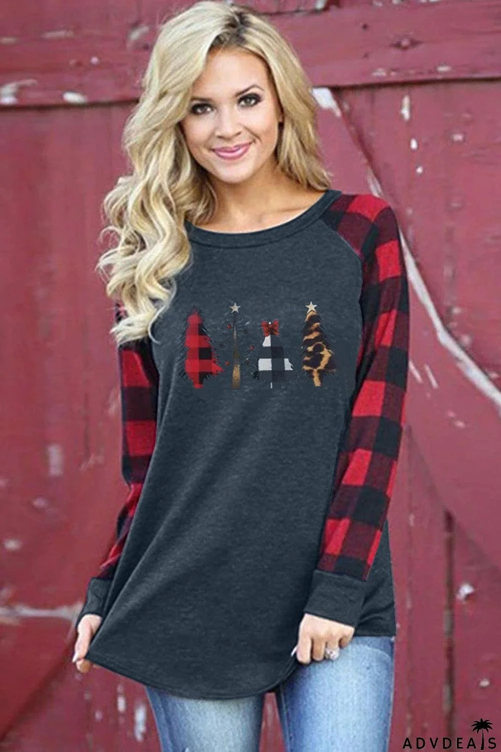 Christmas Pattern Plaid Splice Long Sleeve Top