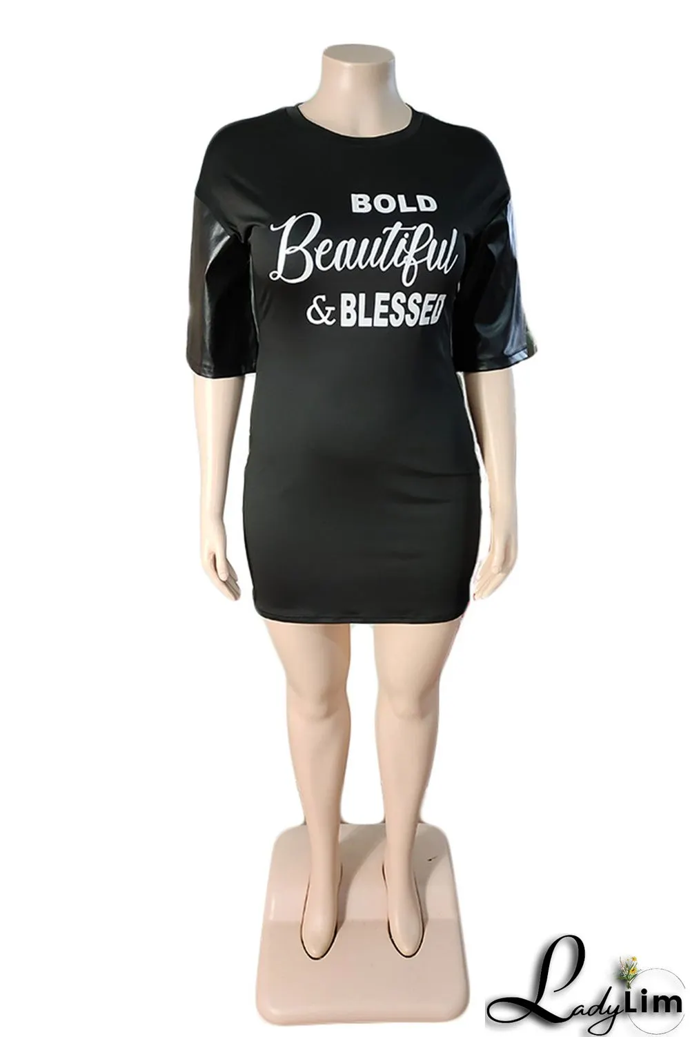 Black Fashion Casual Plus Size Letter Print Split Joint O Neck Short Sleeve Dress