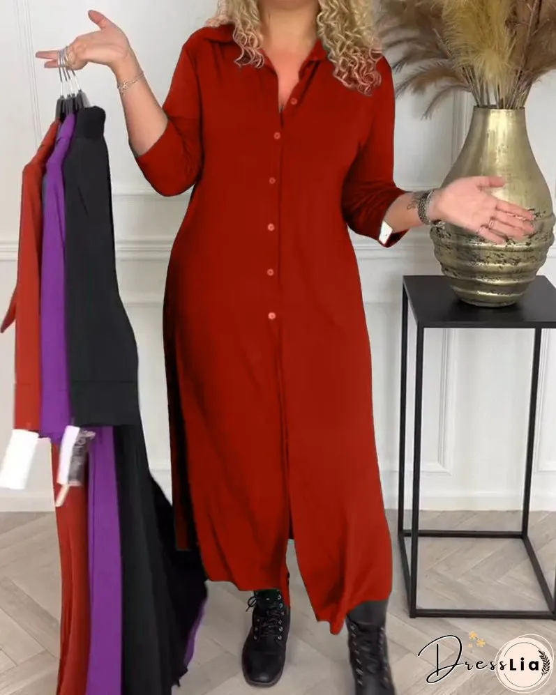 Buttoned solid color shirt dress