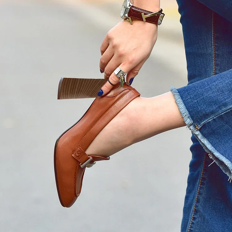 Tan Vintage Square Toe Chunky Heel Loafers Vdcoo