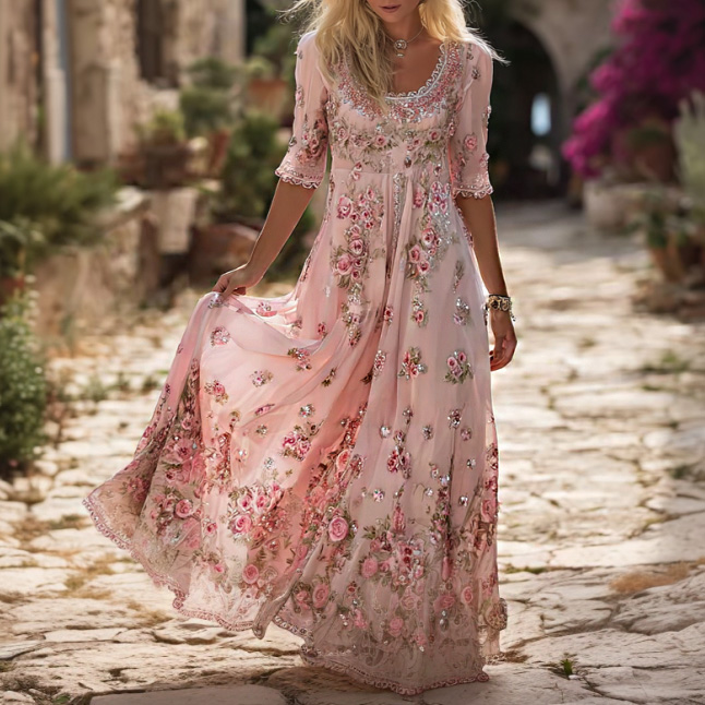 Comstylish Women's Retro Bohemian Style Rose Floral Print Embroidered Sequin Dress