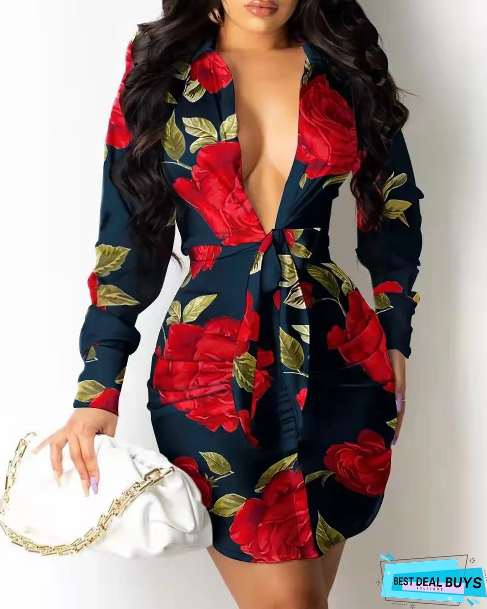 V-Neck Printed Strap Shirt Dress Women