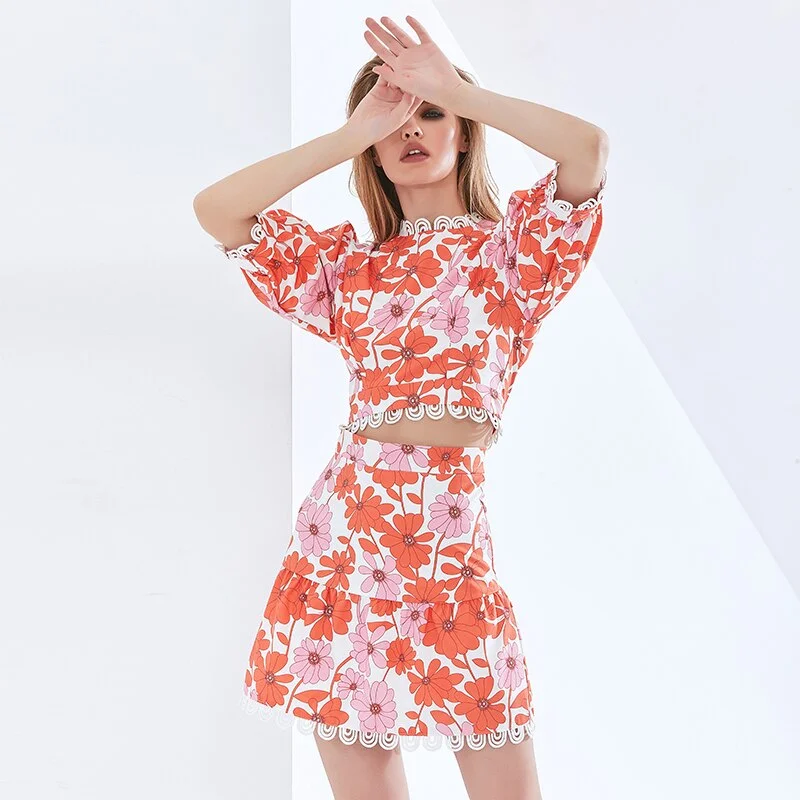 Cartoonh TWOTWINSTYLE Lace Print Floral Two Piece Set For Women Puff Sleeve Tops High Waist Skirts Elegant Sexy Sets 2022 Women Clothing