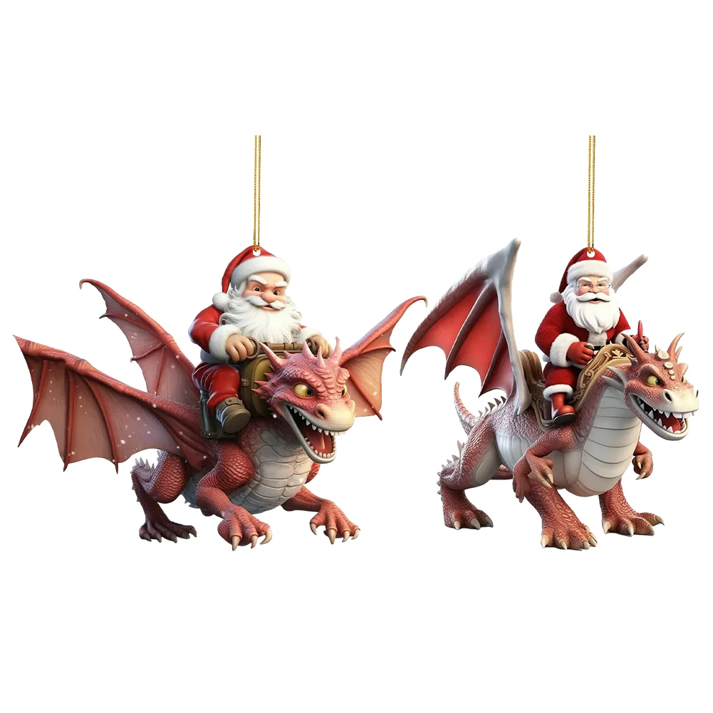 2 PCS Acrylic Santa Flying Dragon 2D Flat Christmas Tree Car Hangings Ornament