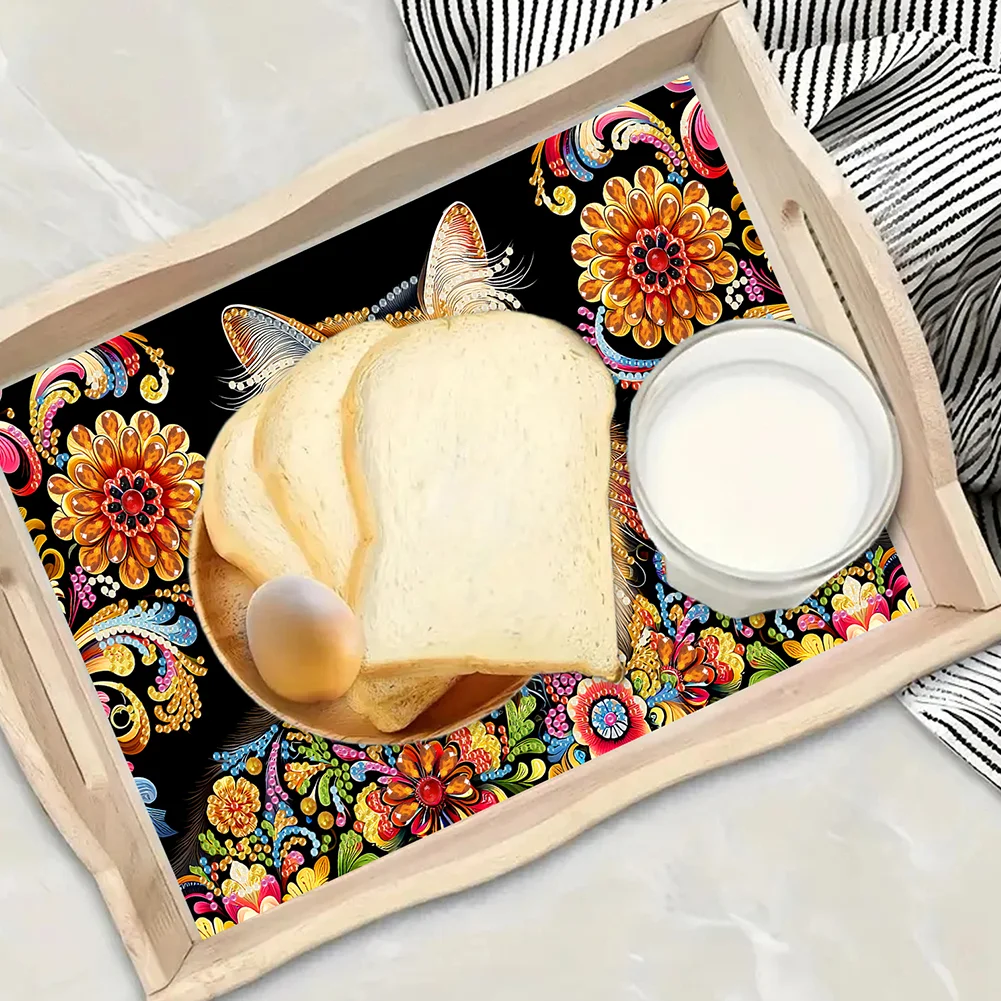 5D DIY Flower Cat Diamond Painting Wooden Serving Tray with Handle for Desk