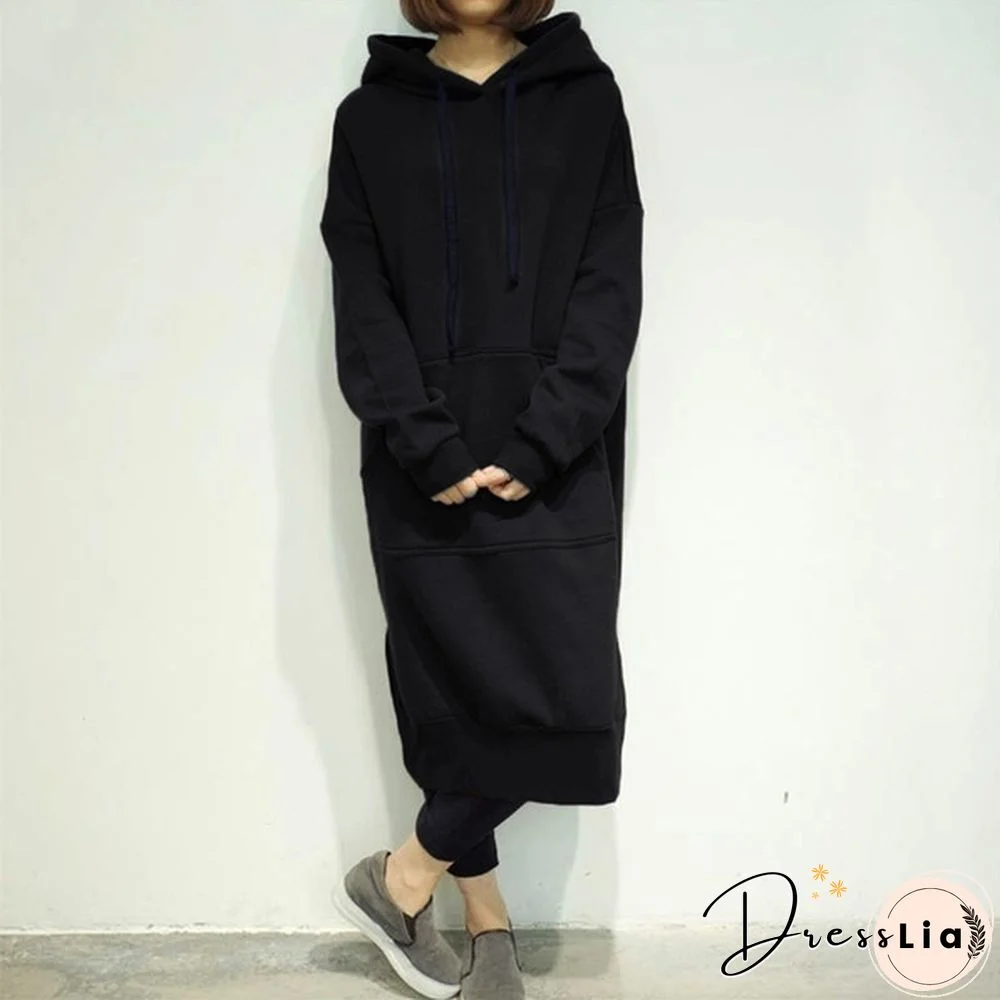 Women Plus Size Spring Autumn Casual Long Pullover Fleece Hooded Sweatshirt Dress L-5Xl