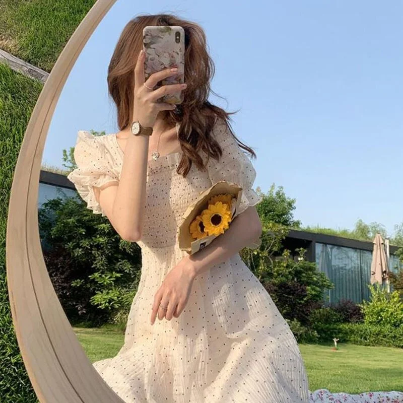 Floral Sweet Dress Summer 2021 Short Sleeve Chiffon Elegant Dresses Korean Square Collar Party Dress for Female Dot 14596