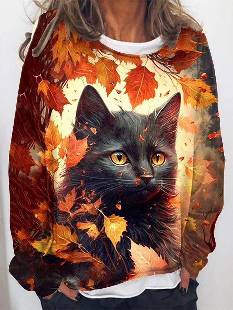 Women's Leafy Cat Art Print Casual Sweatshirt socialshop