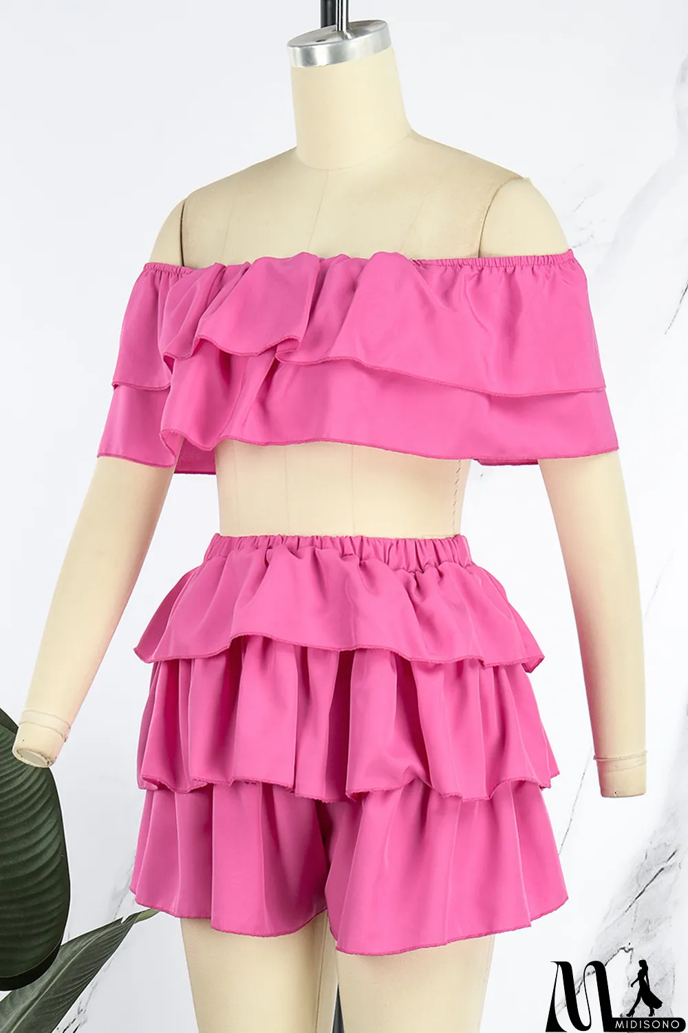 MidiSono - Rose Red Sexy Casual Solid Patchwork Backless Off the Shoulder Short Sleeve Two Pieces