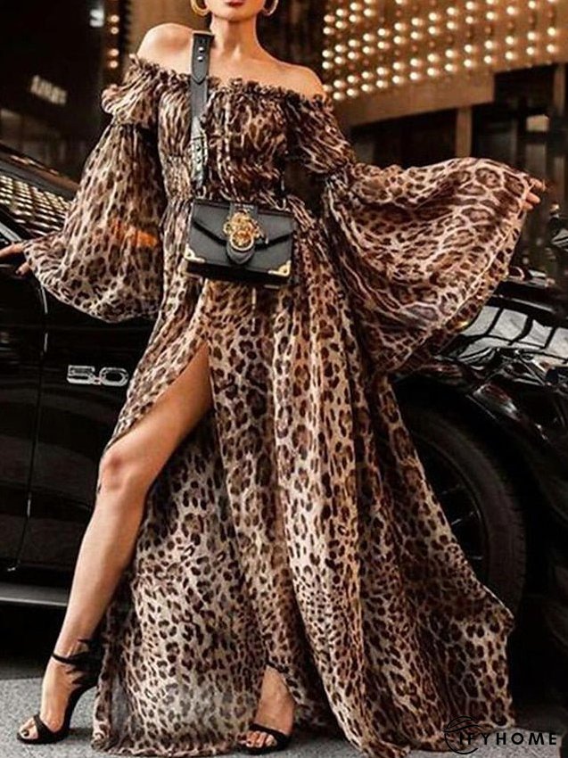 Long Dress Maxi Dress Party Dress Swing Dress Print Dress Leopard Fashion Elegant Dress Party Going out Split Print Long Sleeve Off Shoulder Dress Regular Fit Blue Brown Gray Spring Summer S for Women | IFYHOME