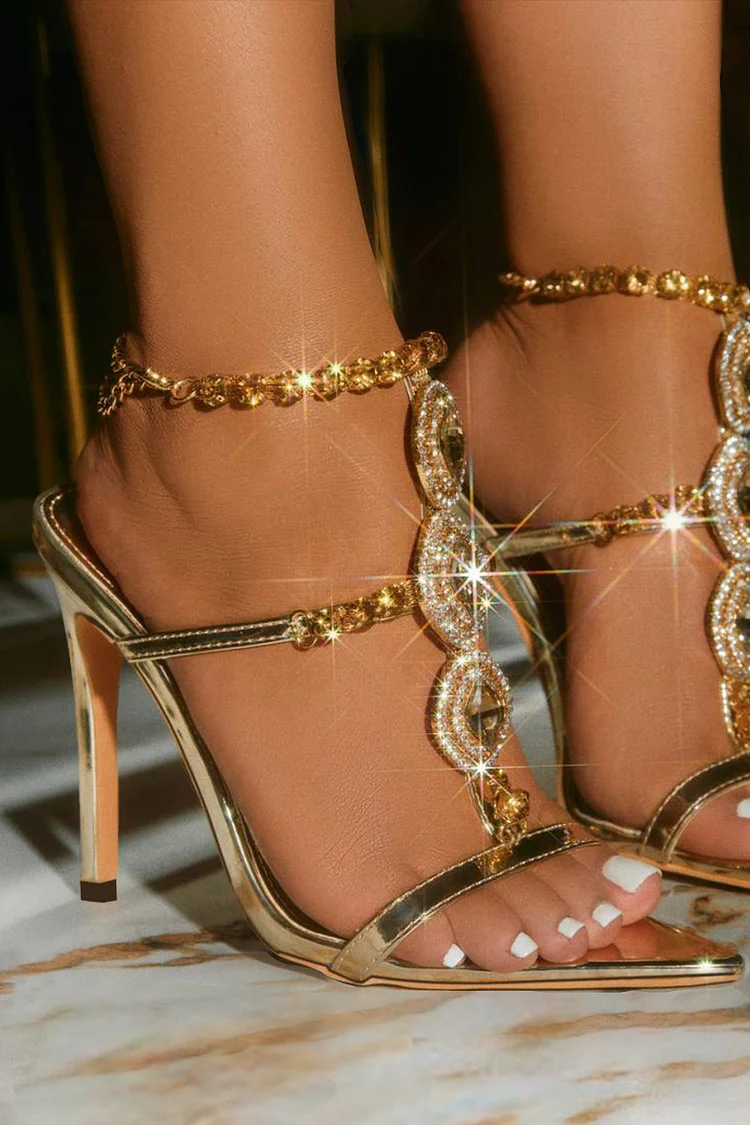 Sparkling Rhinestone Decor Ankle Strap Pointy Peep-Toe Stiletto Heels-Gold