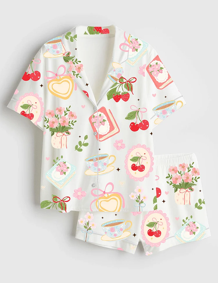 Women&rsquo;s Cottagecore Tea And Berry Floral Books Cherries And Spring Elements Botanical Floral Farm Book And Coffee Flower Short Sleeve Satin Pajama Set