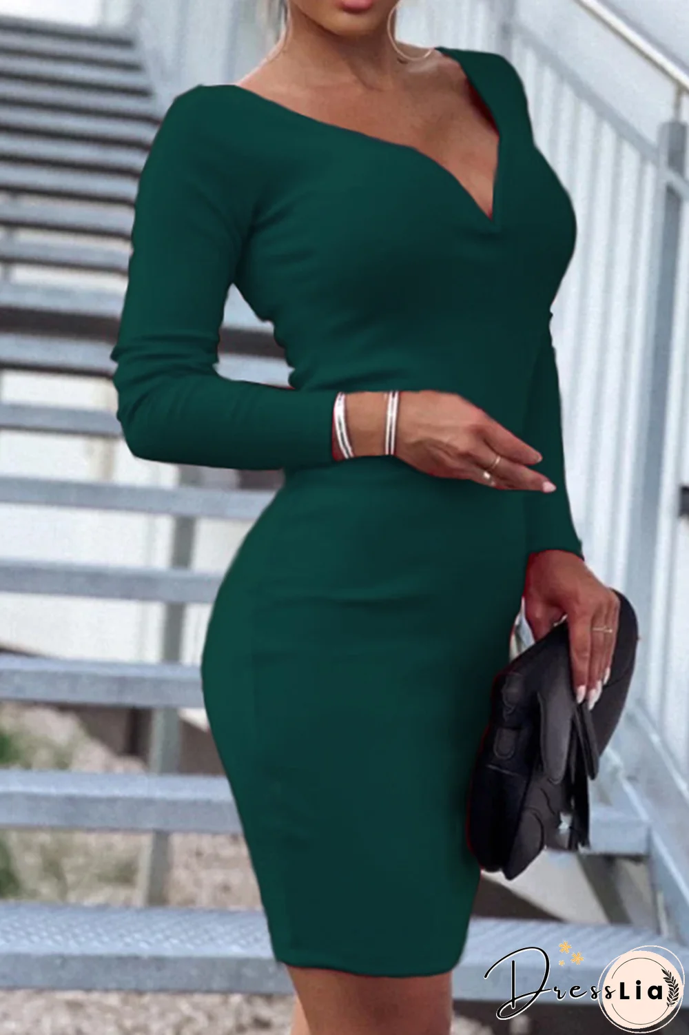 Elegant Solid Split Joint Basic V Neck Pencil Skirt Dresses