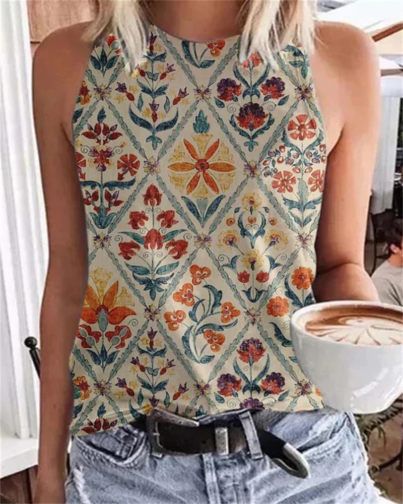 Vintage Print Halter Neck Sleeveless Tank Top