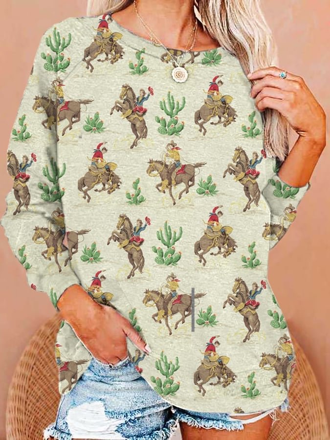 Women's Vintage Western Cowboy Print Casual Crew Neck Sweatshirt