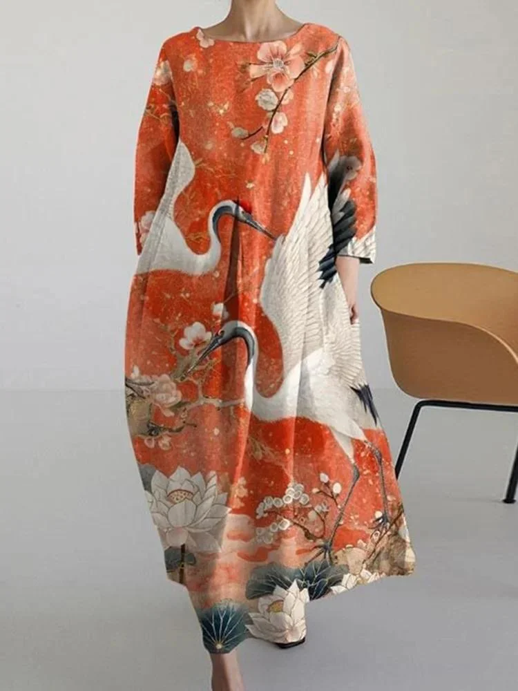 Japanese Art Crane Print Round Neck Casual Midi Dress