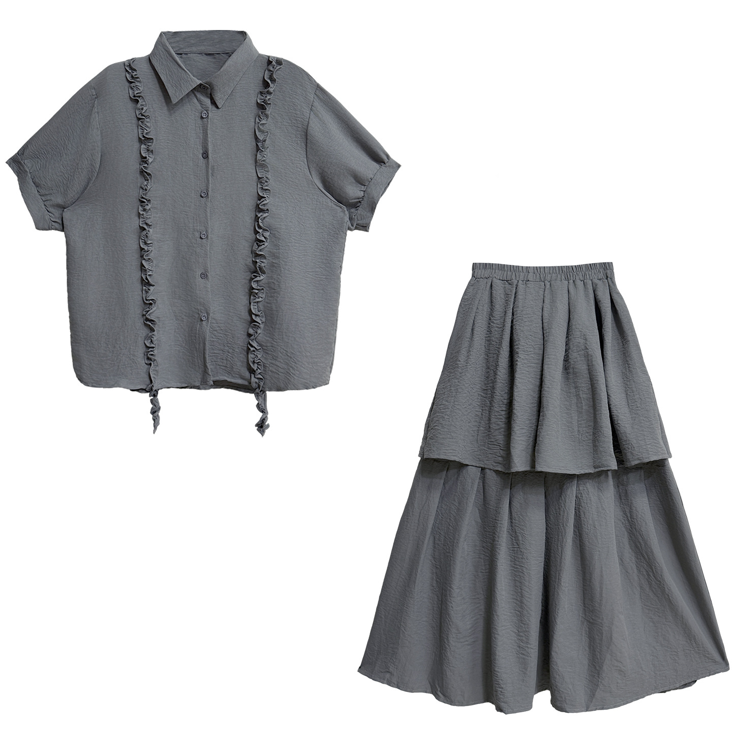 Loose solid color shirt&elastic waist skirt set