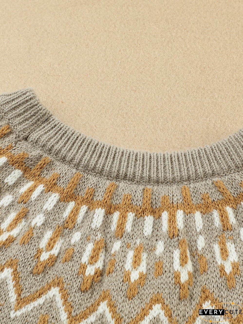 Cozy Gray Geometric Knit Round Neck Sweater