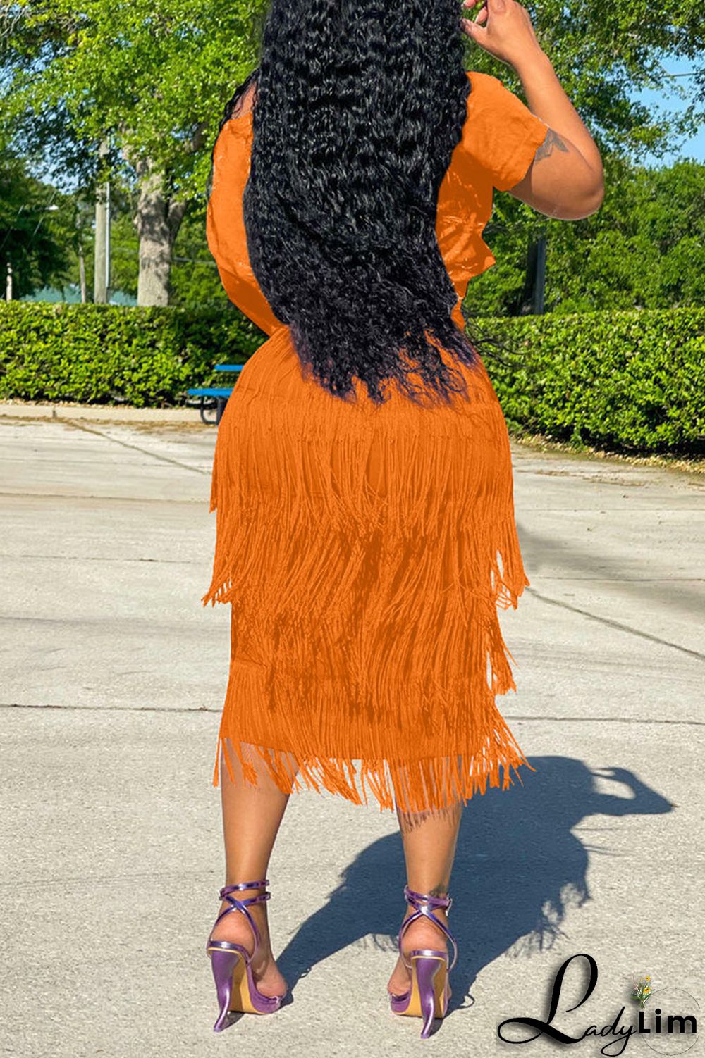 Tangerine Casual Solid Tassel Split Joint Asymmetrical Asymmetrical Collar Short Sleeve Two Pieces