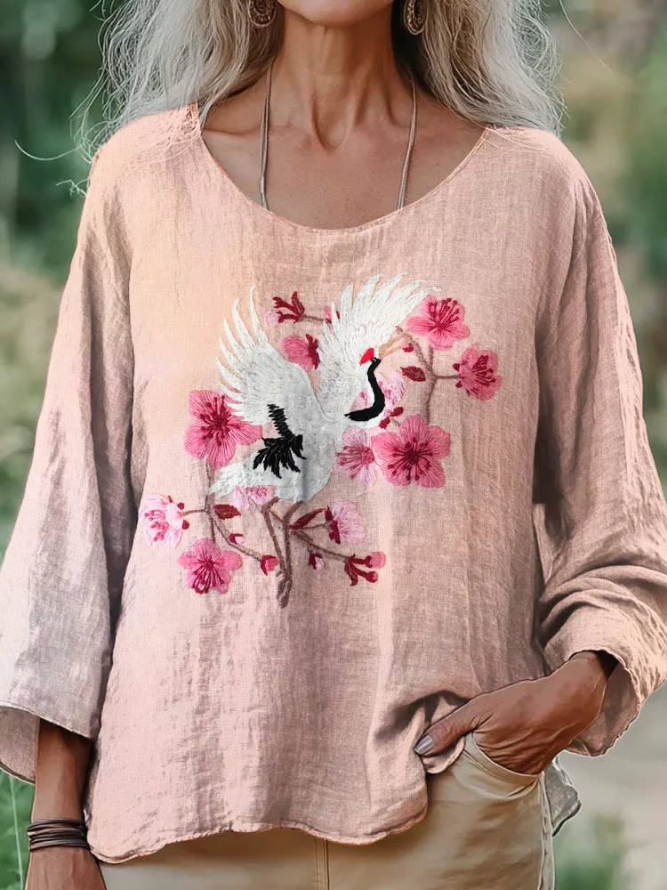 Sakura & Crane Embroidered Women's Linen Loose Shirt