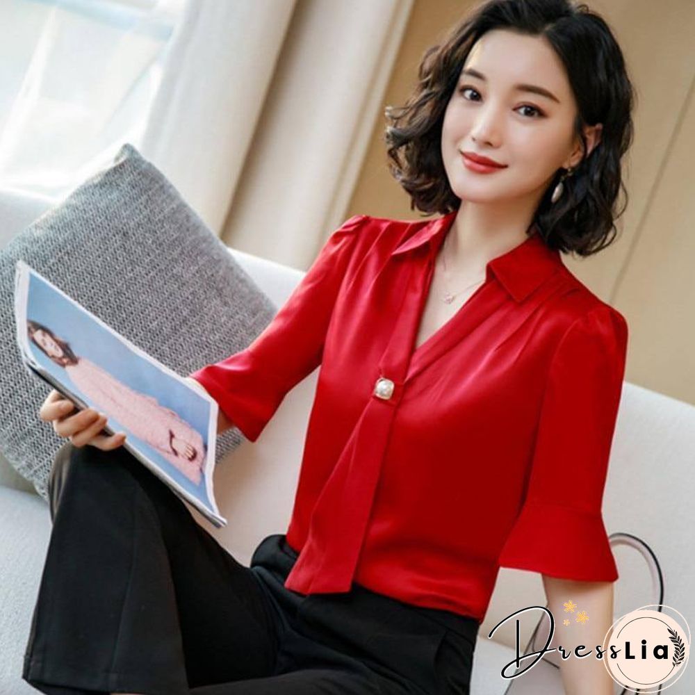 Korean Silk Women Blouses Woman Satin Blouse Tops Plus Size Blusas Mujer De Moda Women V Neck Soild Shirt Top Camisas Mujer