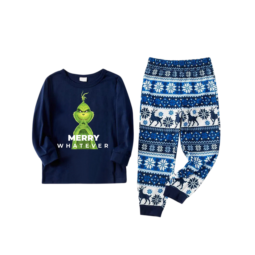 Cute Cartoon Pattern and "Merry Whatever" Slogan Printed Blue Top Navy Blue Plaid Pants Family Matching Pajamas
