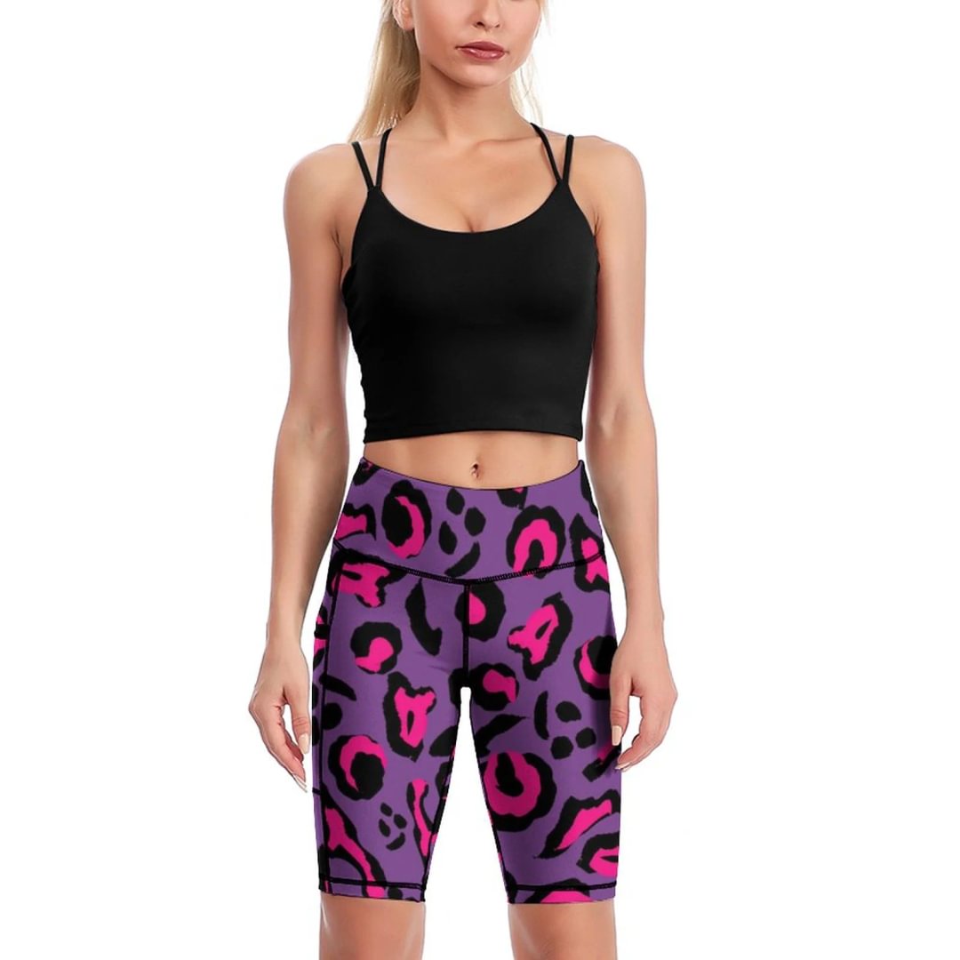 Funky Pink Leopard Print Knee-Length Yoga Shorts Womens High Waist Running Biker Shorts with Side Pockets