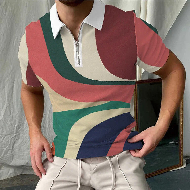 Abstract Geometry Pattern Casual Short Sleeve Tops Zipper Men's Polo Shirts at Hiphopee