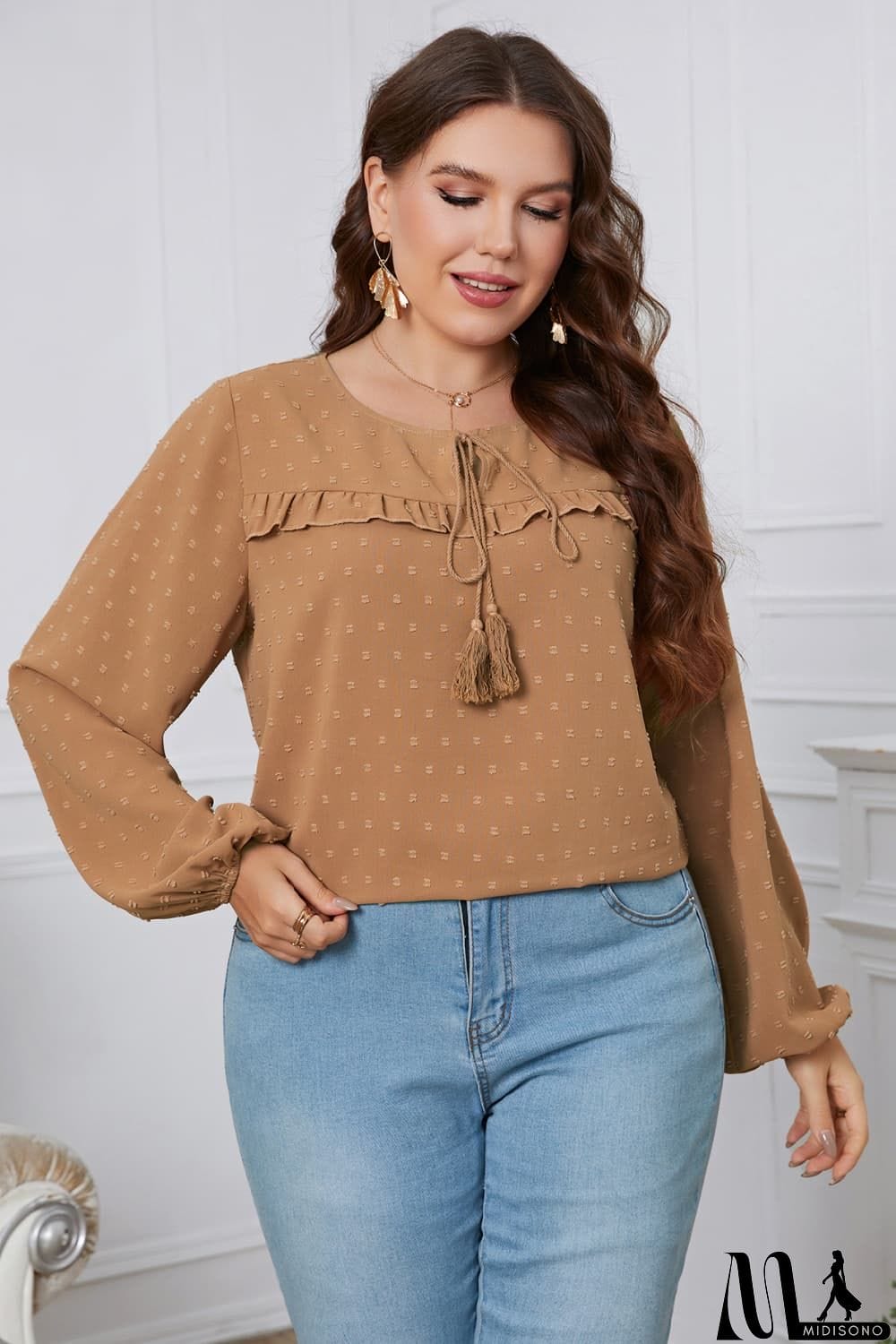 MidiSono - Melo Apparel Plus Size Swiss Dot Frill Trim Round Neck Blouse