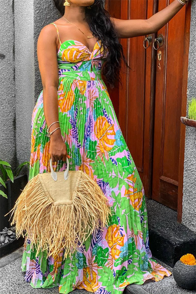 Plus Size Vacation Tropical Print Cami Pleated Maxi Dresses [Pre-Order]