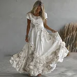 Women's Vintage White Rose Embroidery Art Round Neck Short Sleeve Maxi Dress - Image 2
