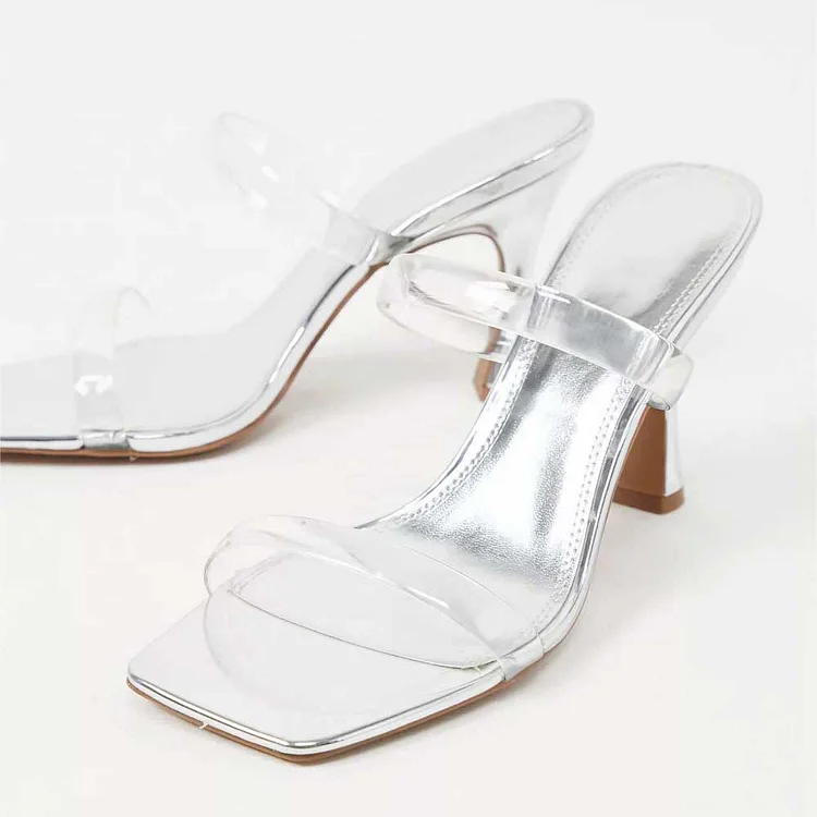 Custom Made Clear Straps Mule Heels in Metallic Silver |FSJ Shoes