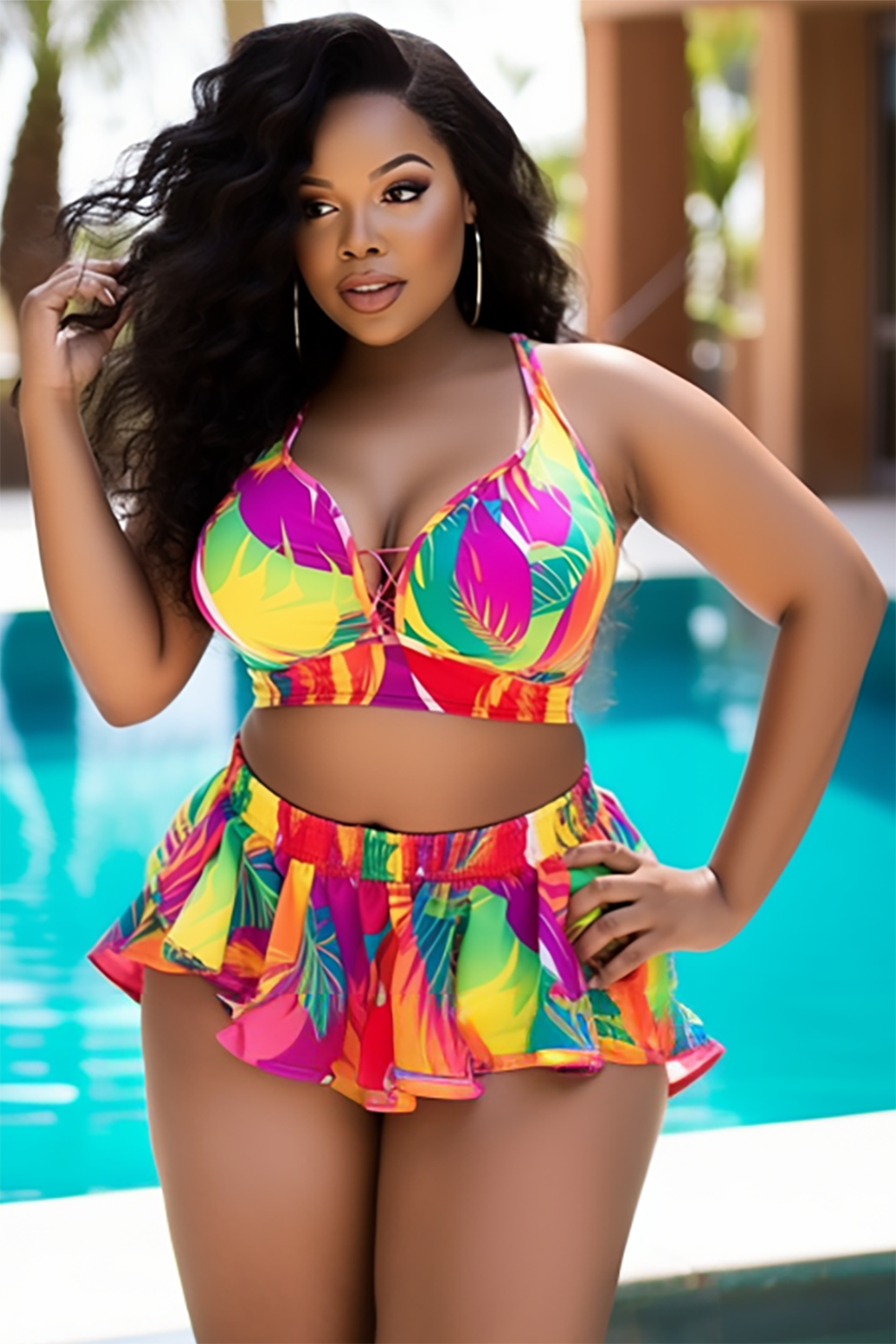 Design Plus Size Beach Multicolor Tropical Print Swimsuit Fabric Two Pieces Swimsuit [Pre-Order]