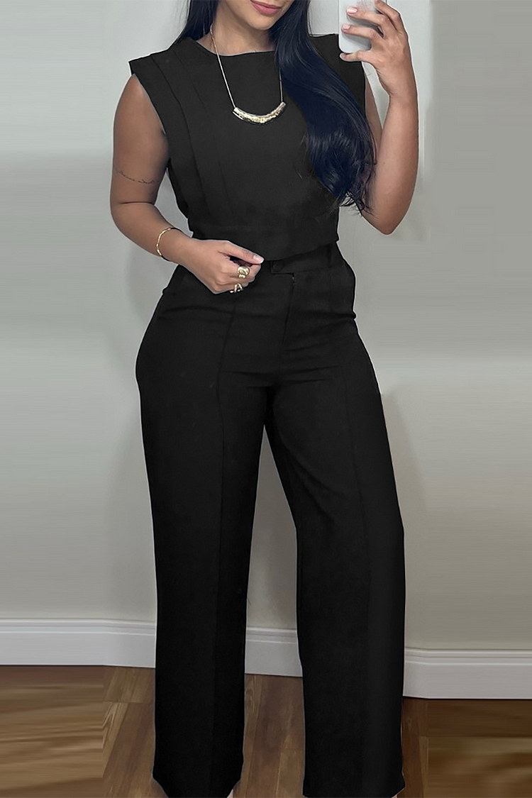 Solid Color Sleeveless Top Straight Leg Pants Matching Set-Green