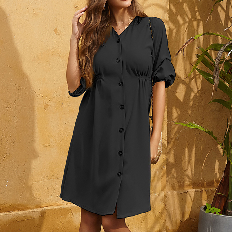 Mature Women Summer Graceful And Fashionable V-neck Loose Button Dress