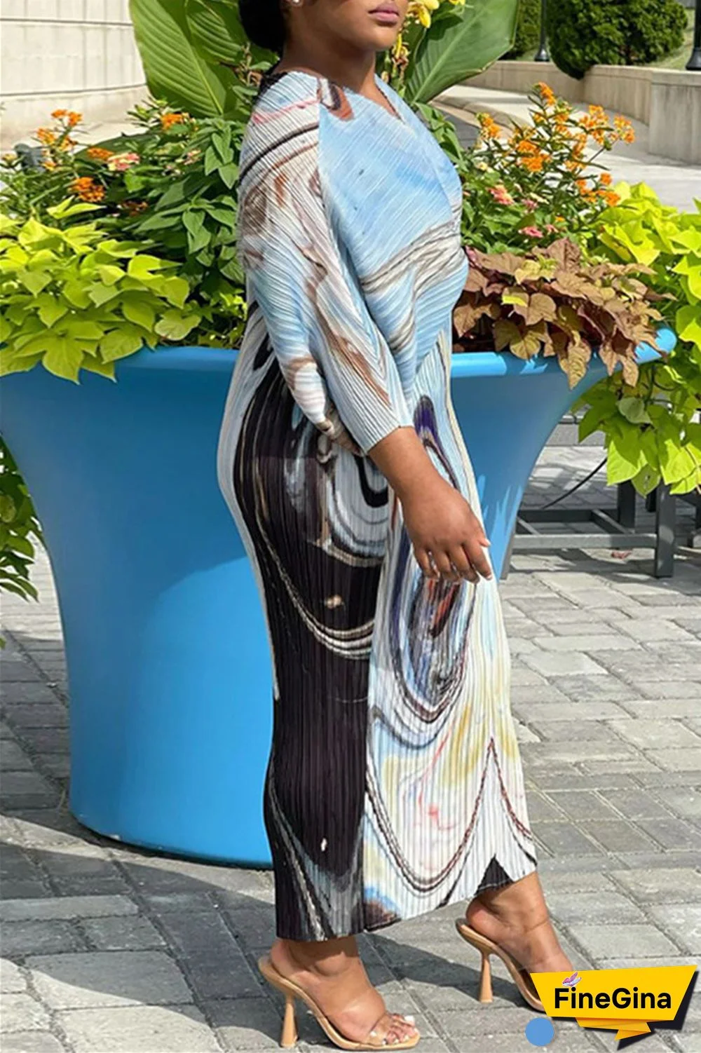 Pink Purple Casual Print Patchwork V Neck Pencil Skirt Plus Size Dresses