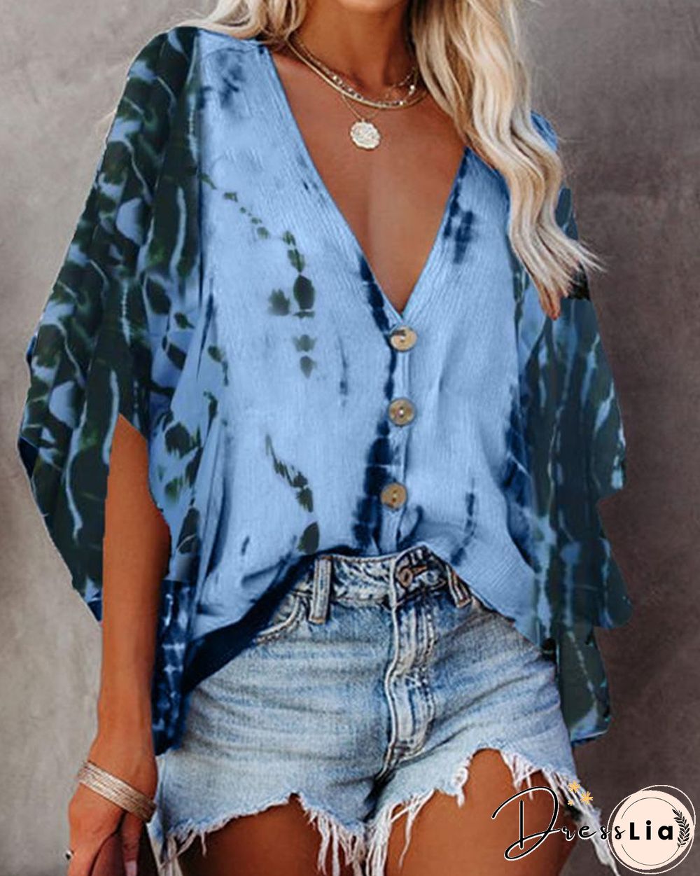 Bat Sleeve Tie-dye Print Blouse P10154