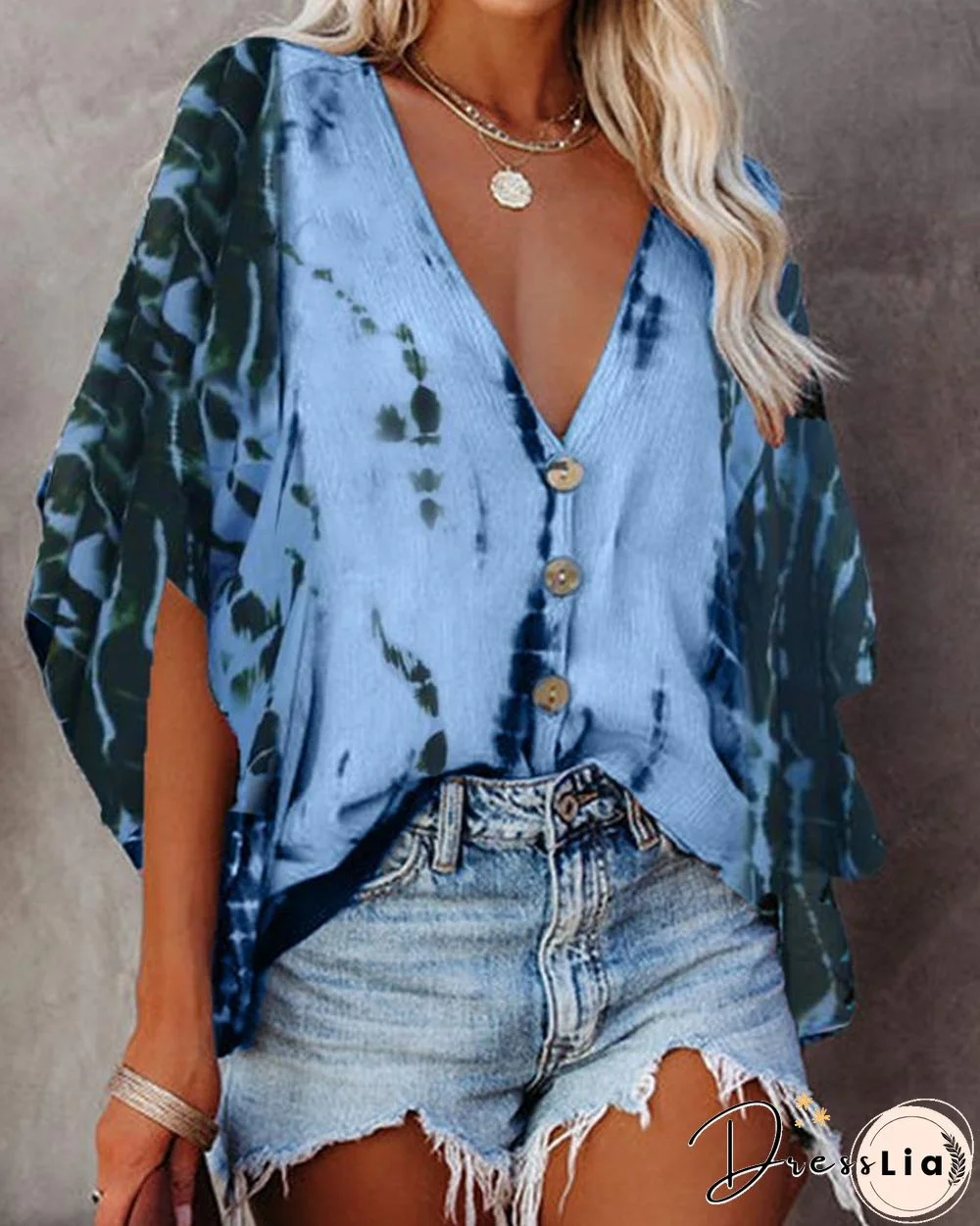 Bat Sleeve Tie-dye Print Blouse P10154