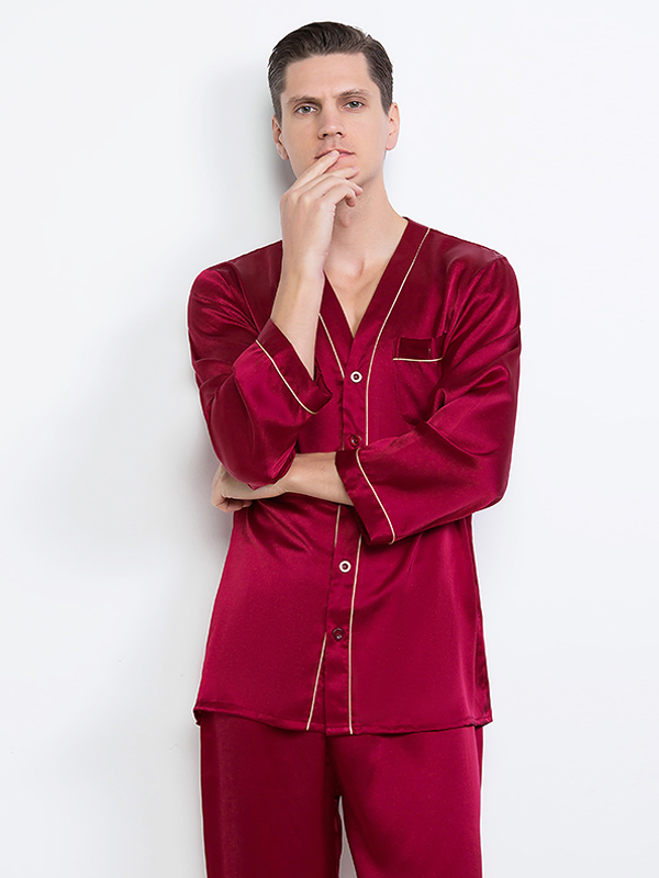 22 Momme Ensemble de pyjama long en soie Lifestyle pour homme Rouge 