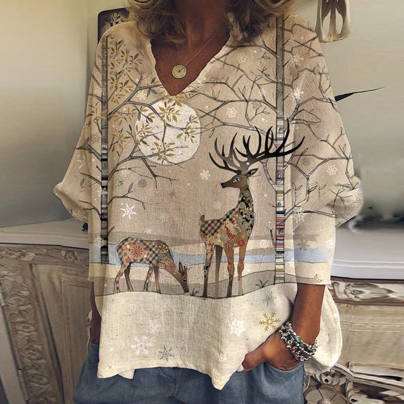 Long-sleeved Snowflake Christmas Elk Printed Women's T-shirt