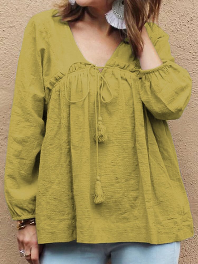 Solid Color Bandage Long Sleeve Loose Blouse For Women P1544537
