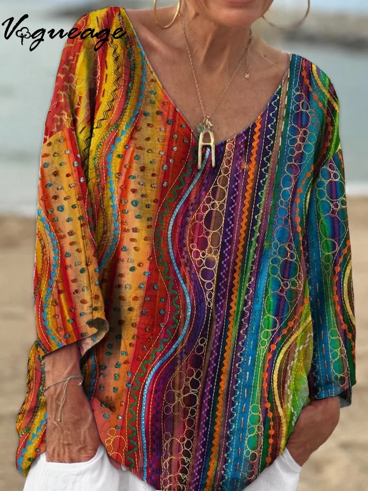 Simple Colorful Wavy Lines Spots 3/4 Sleeves Printed Cotton And Linen Shirt