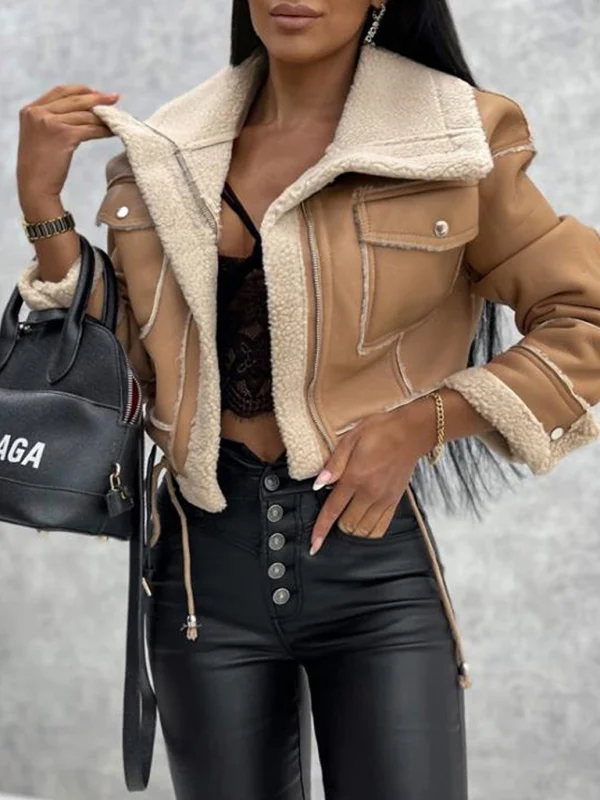 Women's new lamb wool short coat zipper motorcycle style jacket top Flusfy